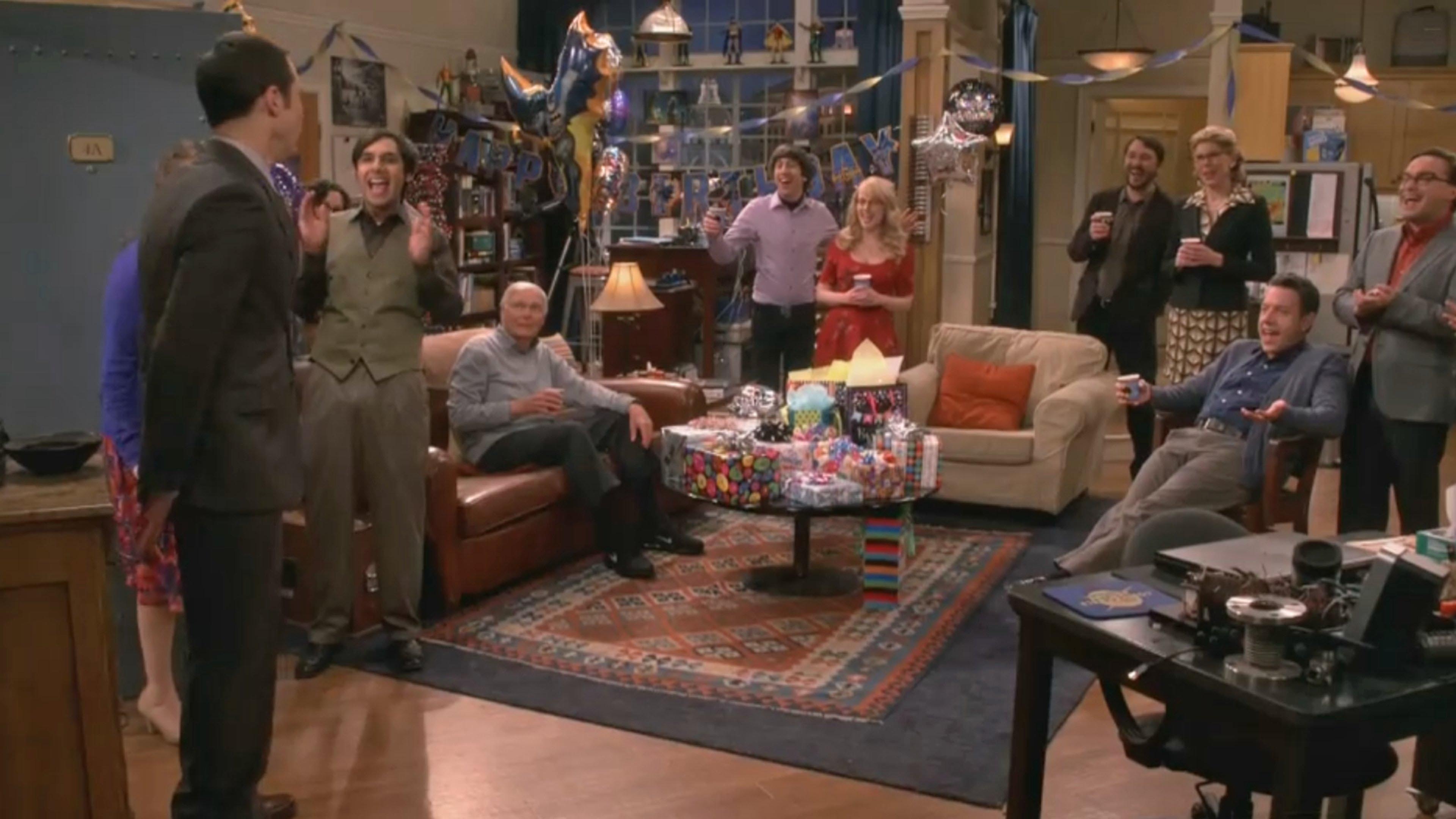 Sheldon: If I can walk past that pet shop with the parrot in the window, I suppose I can do this. (Enters apartment...)   All: Happy birthday!