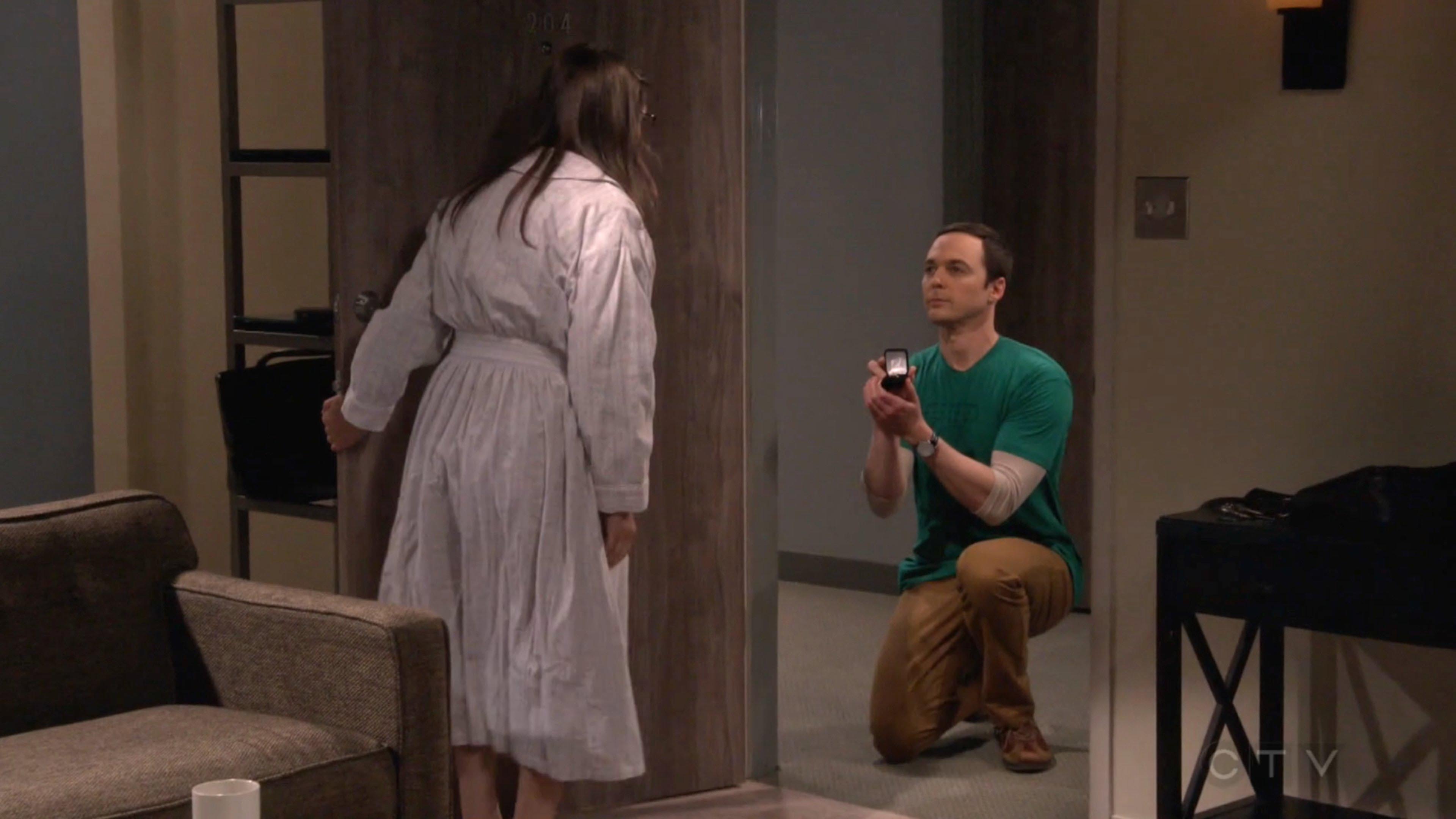 Sheldon: Will you marry me?  (ringtone playing)  One moment, please.  Amy: Really, you